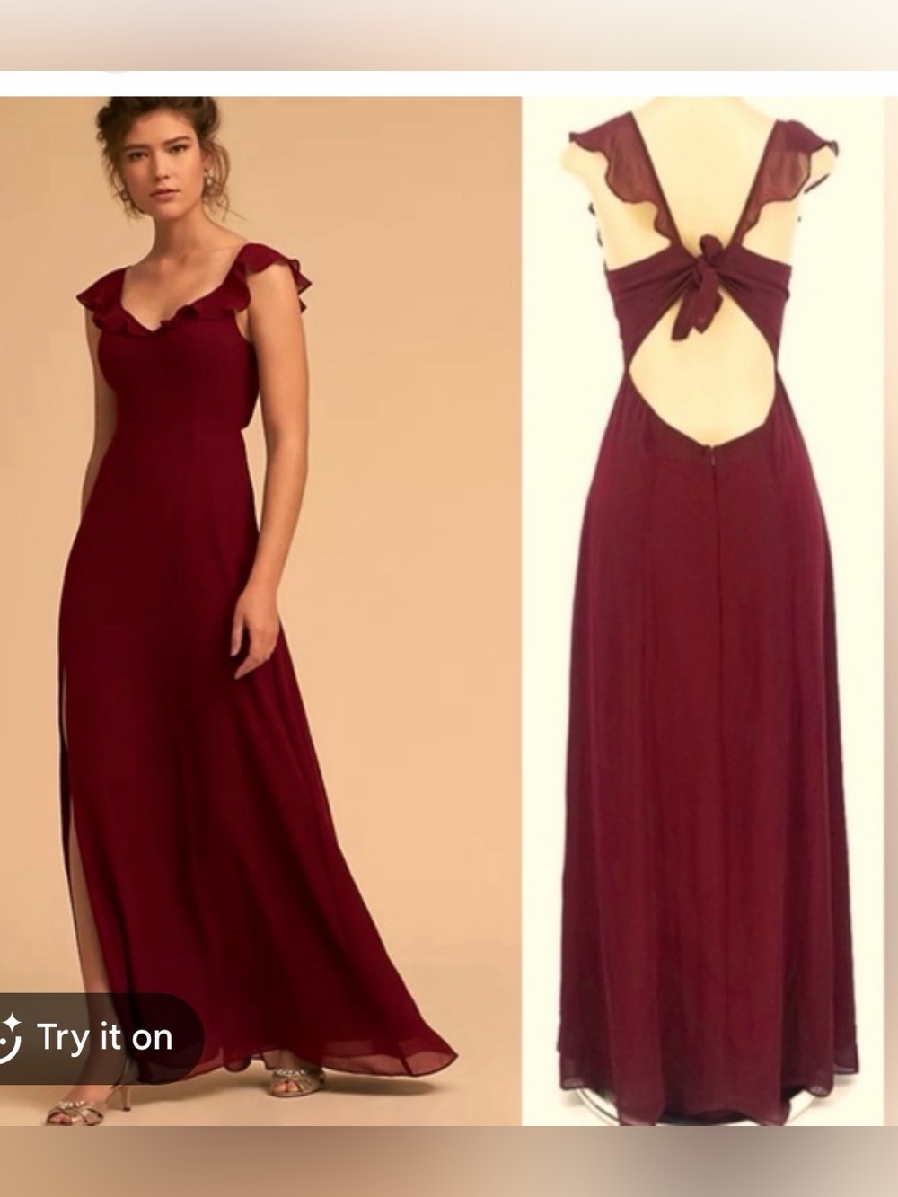 BHLDN Diana Dress - Chiffon Burgundy Ruffle Maxi Dress with Back Tie (like new)
